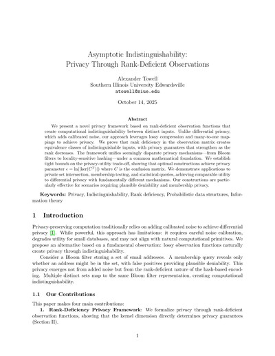 Asymptotic Indistinguishability: Privacy Through Rank-Deficient Observations