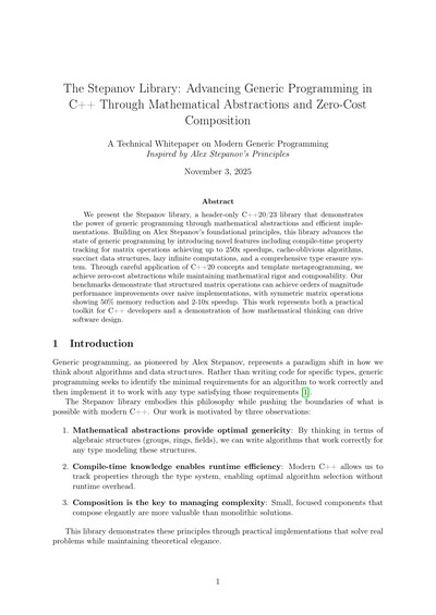 The Stepanov Library: Advancing Generic Programming in C++ Through Mathematical Abstractions and Zero-Cost Composition