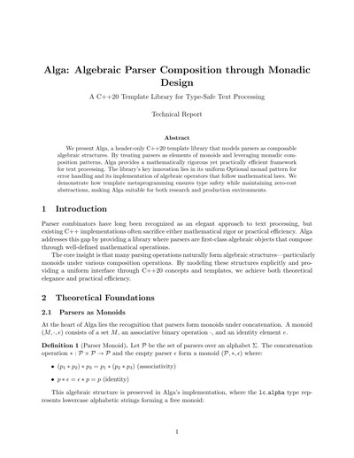Alga: Algebraic Parser Composition through Monadic Design A C++20 Template Library for Type-Safe Text Processing