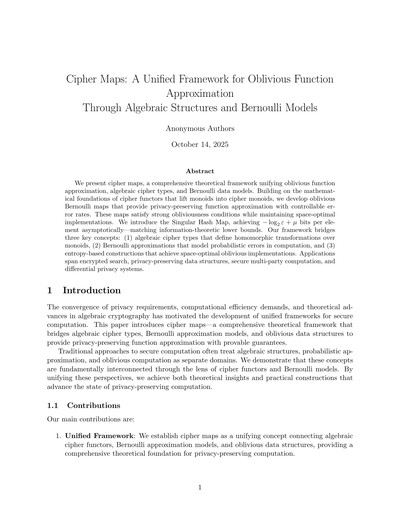 Cipher Maps: A Unified Framework for Oblivious Function Approximation Through Algebraic Structures and Bernoulli Models