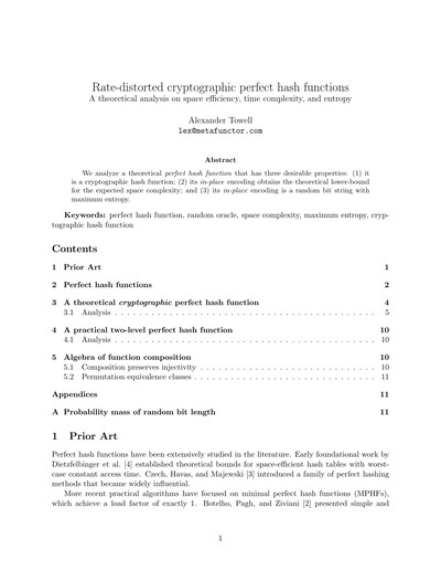 Cryptographic perfect hash functions: A theoretical analysis on space efficiency, time complexity, and entropy