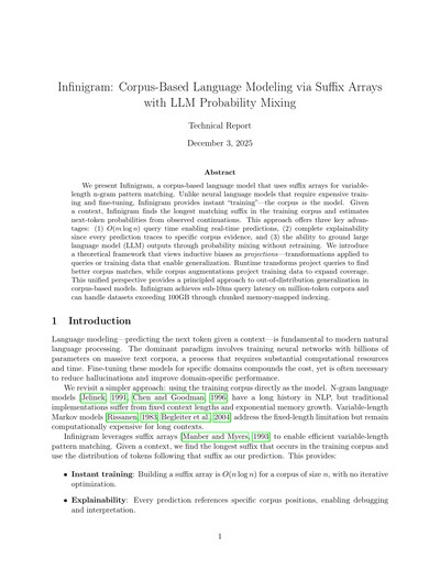 Infinigram: Corpus-Based Language Modeling via Suffix Arrays with LLM Probability Mixing