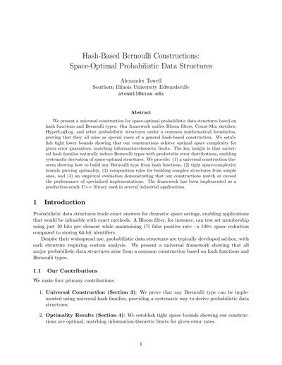 Hash-Based Bernoulli Constructions: Space-Optimal Probabilistic Data Structures