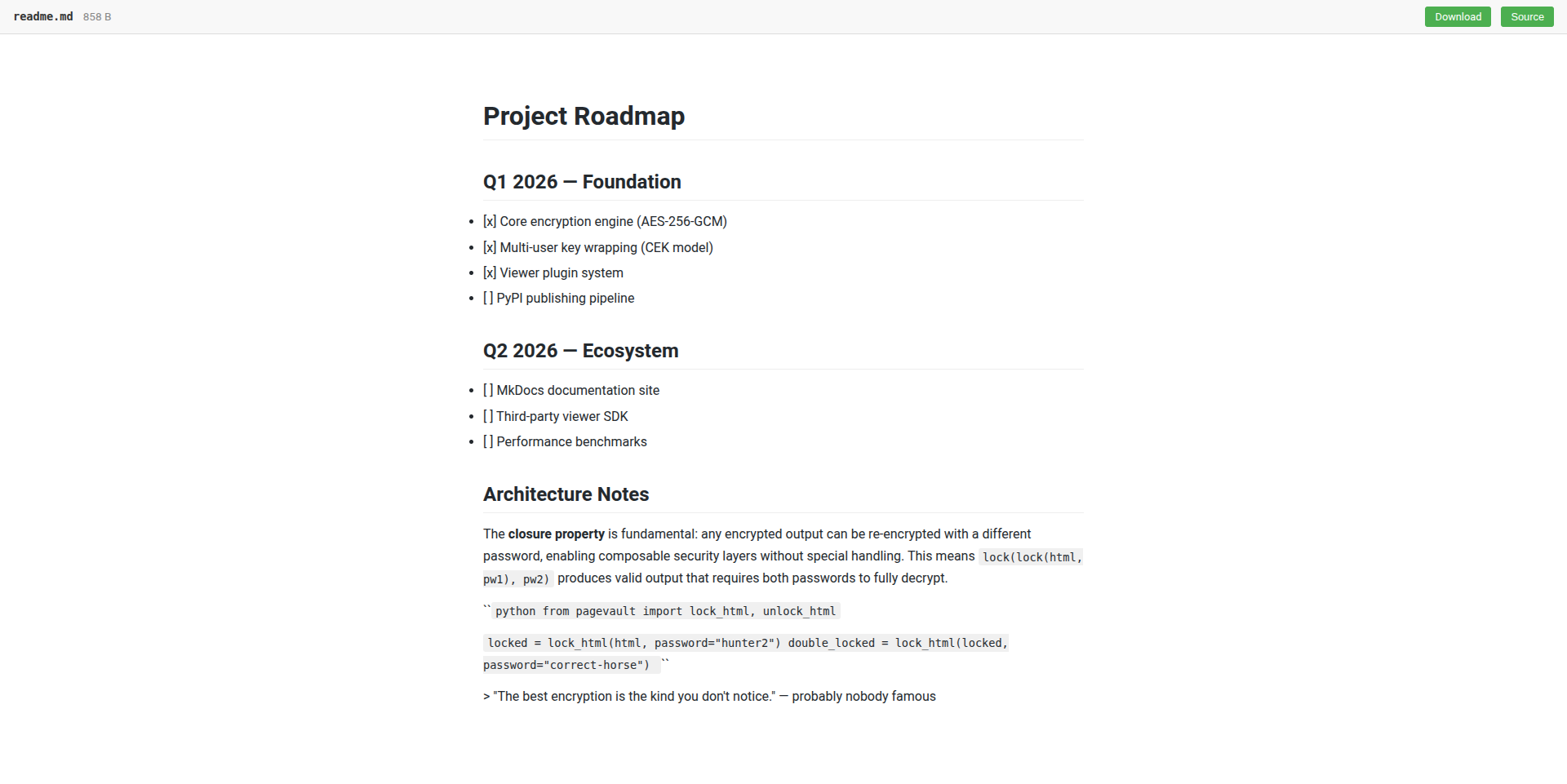 Decrypted markdown file with rendered headings, lists, and code blocks