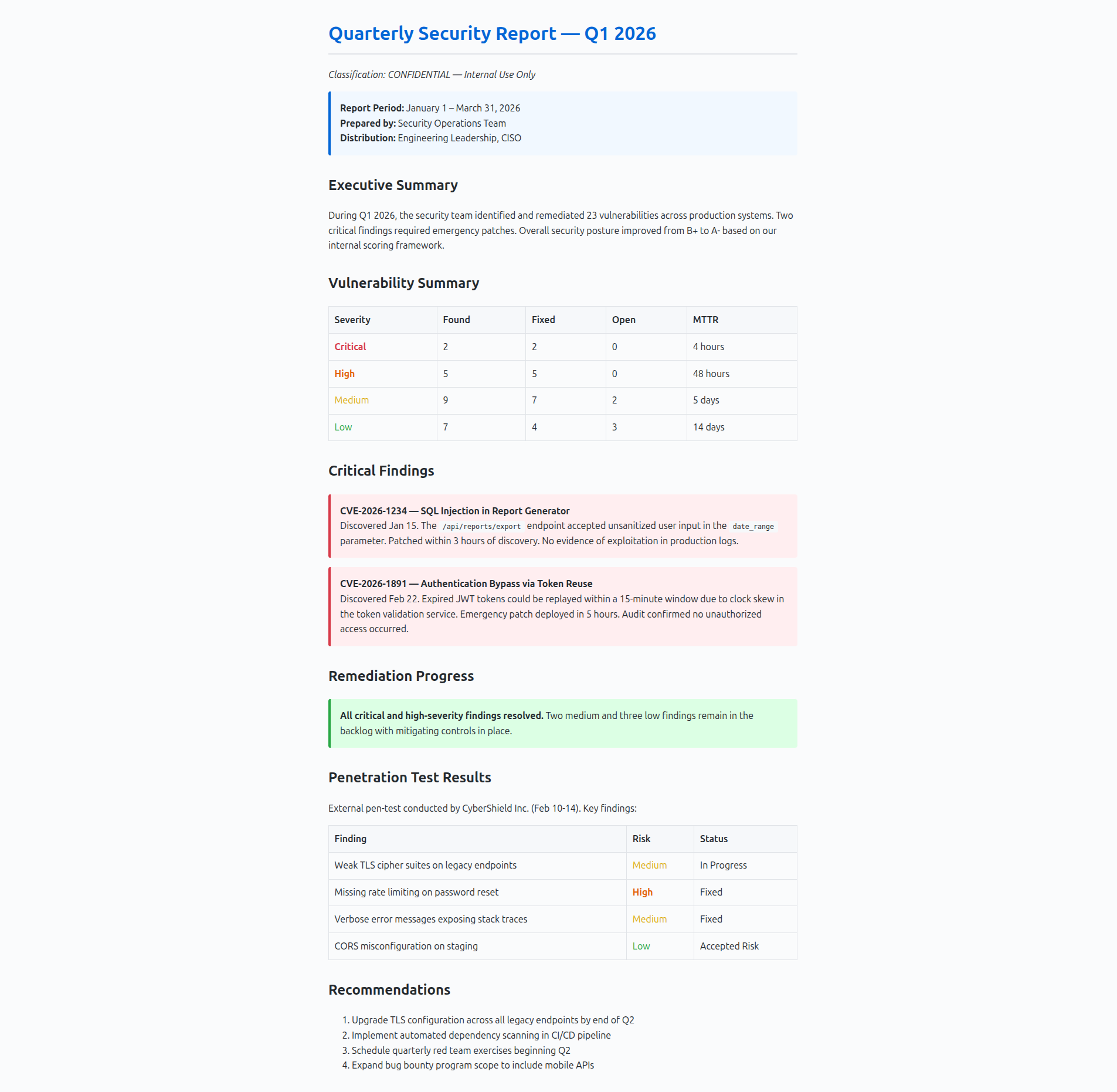 Decrypted quarterly security report with vulnerability tables and findings