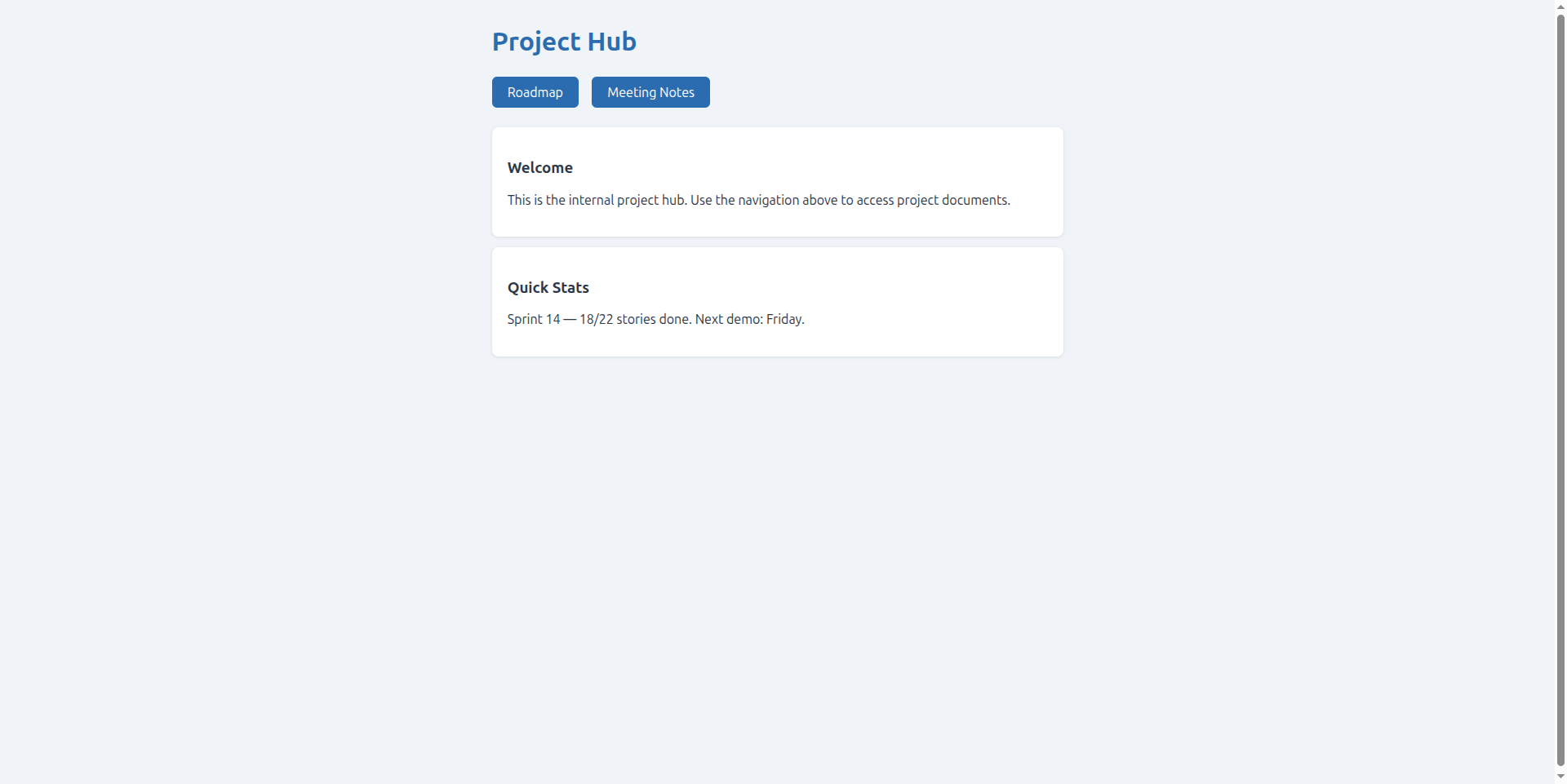 Decrypted site viewer showing a Project Hub with navigation, welcome section, and sprint stats