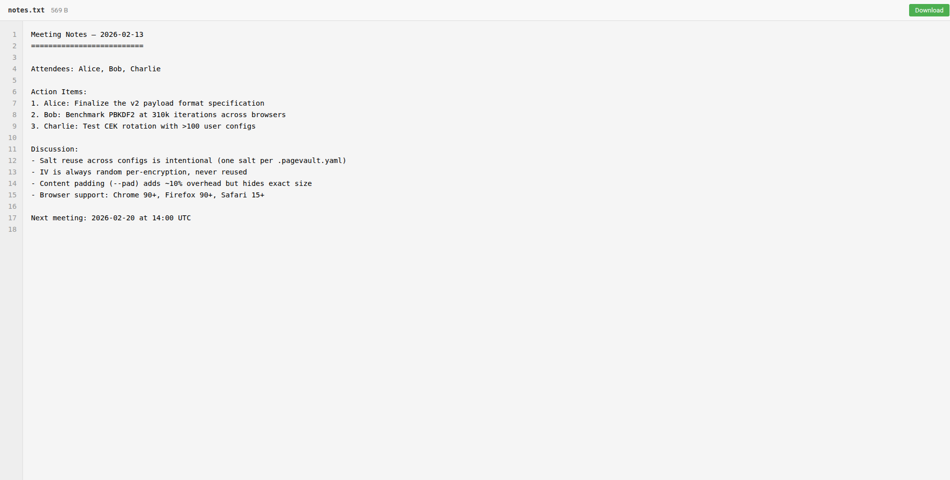 Decrypted text file with line numbers and monospace rendering