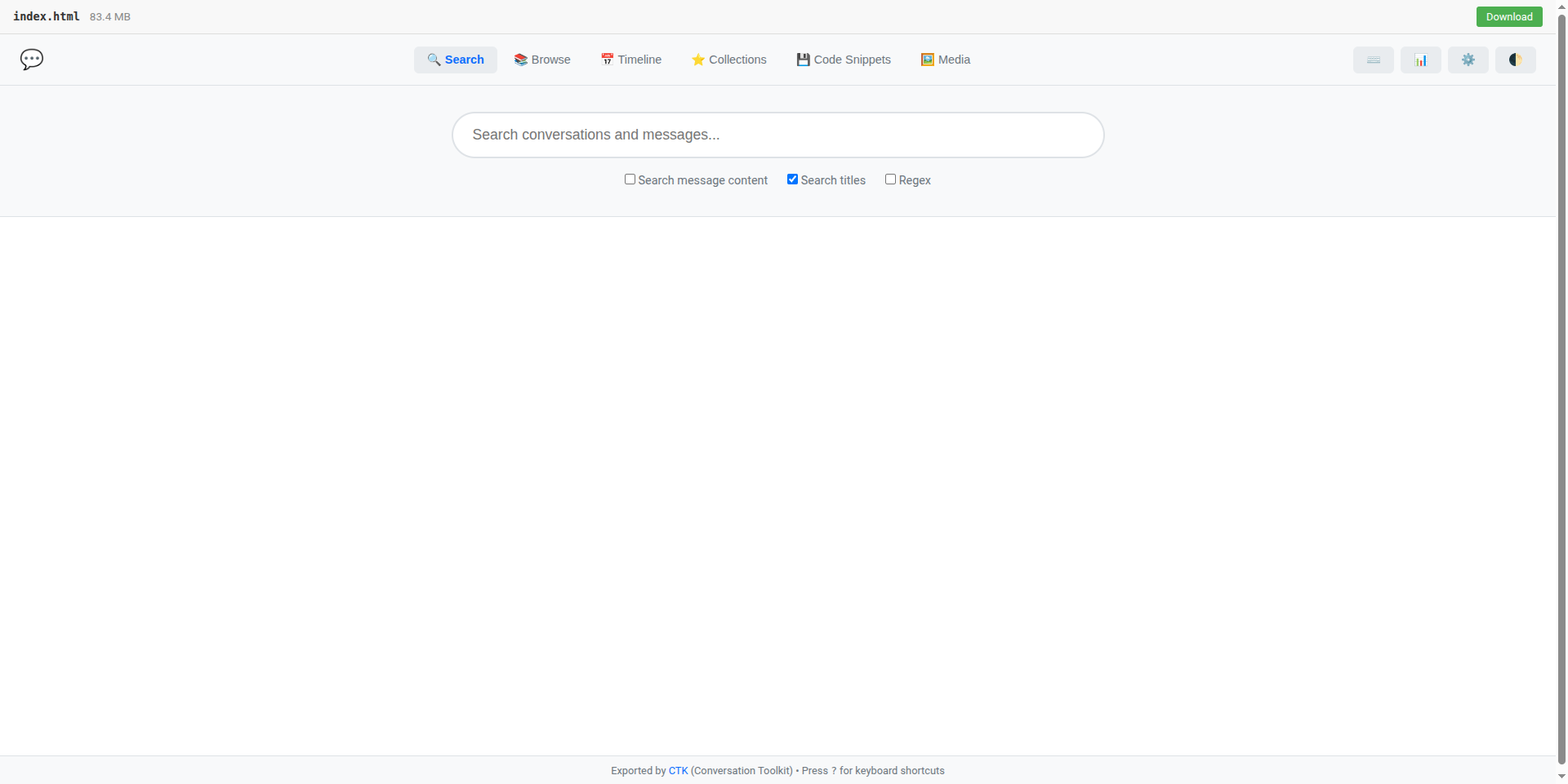 Decrypted 83.4 MB conversation archive showing search interface with toolbar