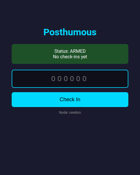 The check-in page in ARMED state, showing a TOTP input field and the node name