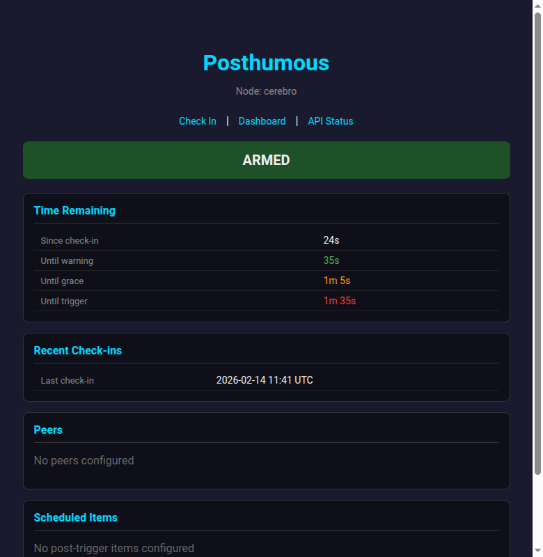 Dashboard in ARMED state showing time remaining until each escalation stage, check-in history, peer status, and scheduled items