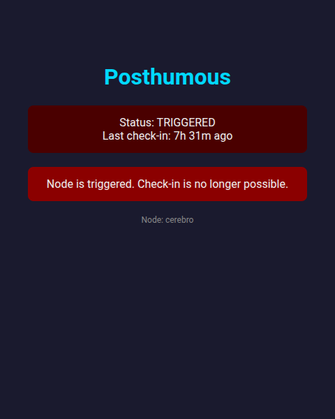 Check-in page in TRIGGERED state — the TOTP form is replaced with a message explaining the node is triggered